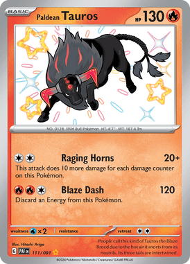 Paldean Fates - 111/091 - Paldean Tauros - Shiny Pokemon kaarten Kopen - LuiopZondag TCG Store Assen
